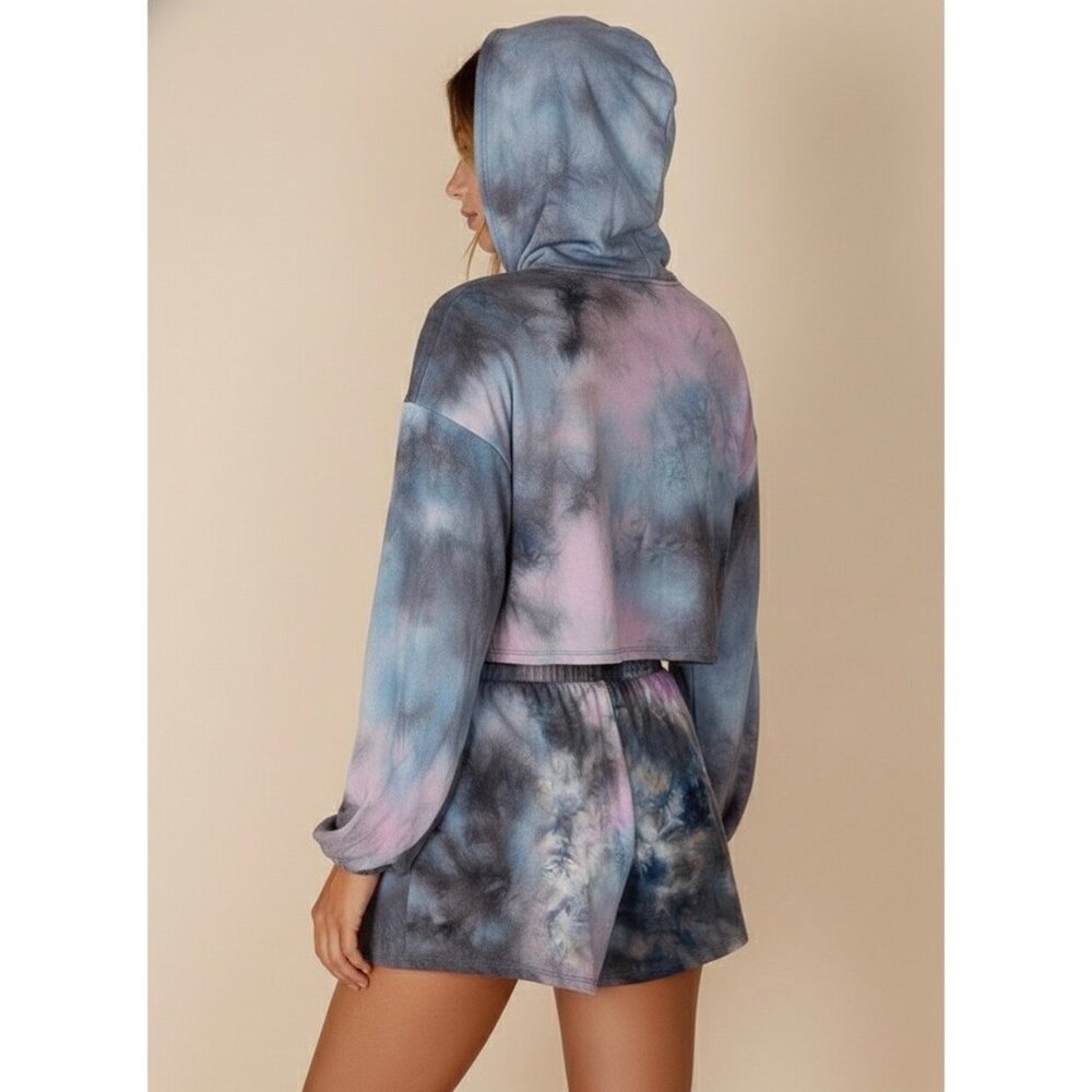 NWT Tie Dye Cropped Hoodie & Shorts 2 Piece Set | Athleisure Barbiecore Lounge L - Picture 6 of 16